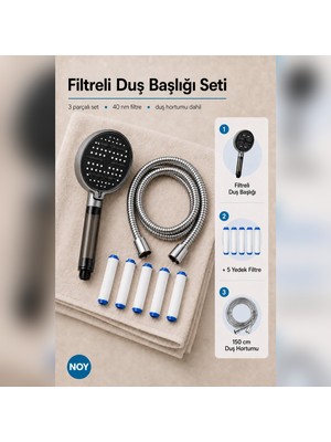 NOY 6 Modlu Filtreli Duş Başlığı Seti 5 Yedek Filtre ve 150 cm Duş Hortumu Dahil 3 Parça