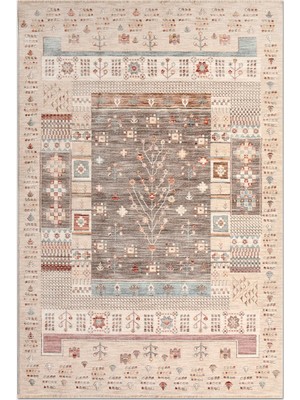 Rugzella Plumtree Bej Taupe Gri Etnik Patchwork Desenli Saçaklı Halı