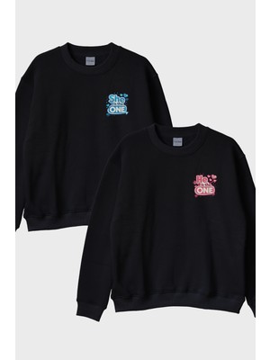 Lofux He Is The One - She Is The One Çift Siyah Bisiklet Yaka Sweatshirtleri