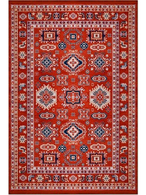 Rugzella Drizzle Kırmızı Lacivert Krem Geometrik Etnik Desenli Klasik Halı