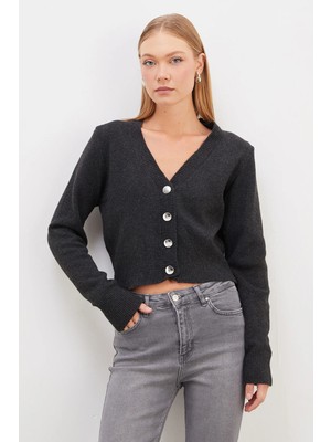 FullaModa Düğmeli V Yaka Triko Hırka