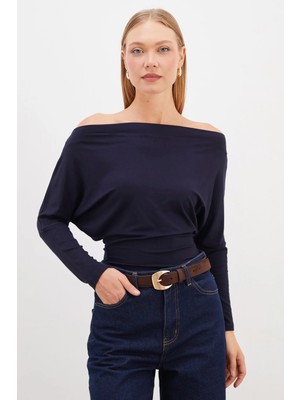 FullaModa Yarasa Kol Kayık Yaka Büzgülü Modal Bluz