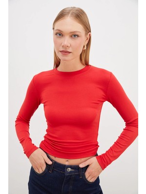 FullaModa Basic Bisiklet Yaka Slim Fit Crop Bluz