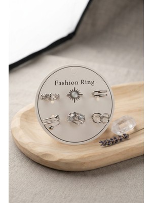 Belirtilmemiş Gümüş Renk Pirinç Güneş Detaylı 6'lı Yüzük Seti BYK4314 - Lisinya