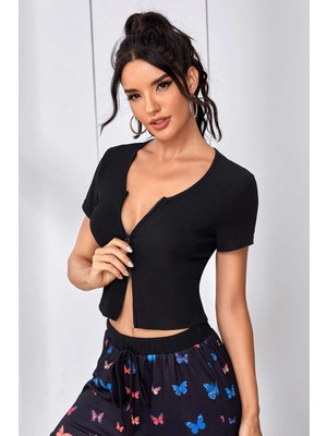 Fantezia Night Kadın Siyah Çift Fermuarlı Yarım Kol Crop Top Bluz