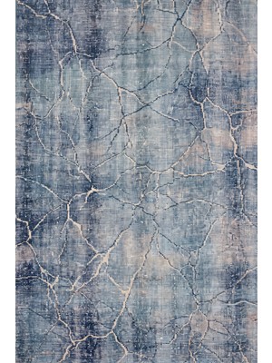 Rugzella Lacivert ve Denim Mavisi Suluboya Soyut Modern Eskitme Krem Detay Yıkanabilir Halı