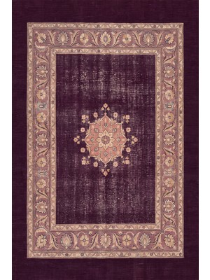 Rugzella Mürdüm Patlıcan Vintage Gül Madalyon Bordürlü Klasik Desen Yıkanabilir Halı