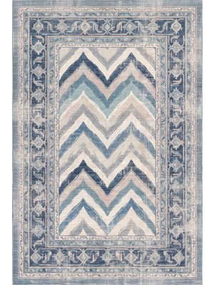 Rugzella Lacivert Denim Mavi Modern Yatay Fırça Darbeli Soft Krem Desen Yıkanabilir Halı
