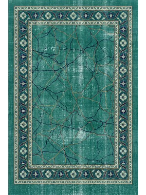 Rugzella Zümrüt Yeşili Lacivert Modern Soyut Suluboya Eskitme Desenli Yıkanabilir Halı