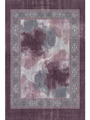 Rugzella Mürdüm Gri Modern Suluboya Soyut Eskitme Desenli Yumuşak Yıkanabilir Halı