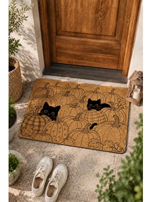 Valerine Life Kapı Önü Paspası 45X70CM Velür Doku Coco Görünüm Kaymaz Dış Mekan Balkabağı Kedileri