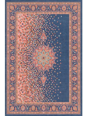 Rugzella Ellery Indigo Mavi Mercan Pembe Benekli Mozaik Desenli Modern Yıkanabilir Halı