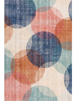 Rugzella Indigo Mavi Mercan Pembe Iç Içe Daireler Modern Desenli Yıkanabilir Halı