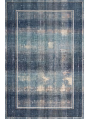 Rugzella Fairfax Lacivert Denim Mavi Minimal Bordürlü Modern Eskitme Yıkanabilir Halı