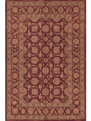Rugzella Bordo ve Bronz Tonlu Klasik Çiçek Desenli Bordürlü Vintage Yıkanabilir Halı