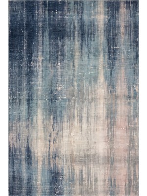 Rugzella Lacivert Denim Mavi Modern Eskitme Desenli Krem Detaylı Yıkanabilir Halı