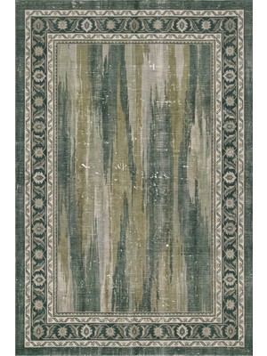 Rugzella Haverford Koyu Yeşil Modern Suluboya Soyut Eskitme Desenli Yıkanabilir Halı