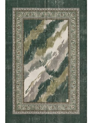 Rugzella Koyu Orman Yeşili Modern Eskitme Soft Suluboya Soyut Desen Yıkanabilir Halı