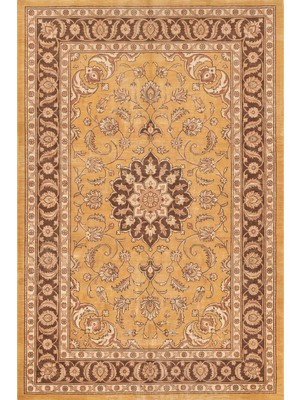 Rugzella Safran Sarısı Eskitme Madalyon Desenli Klasik Vintage Yıkanabilir Halı