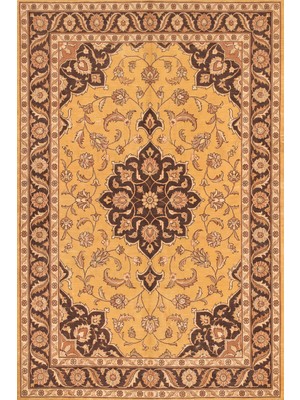 Rugzella Safran Sarısı Oryantal Madalyon Desenli Klasik Etnik Motif Yıkanabilir Halı