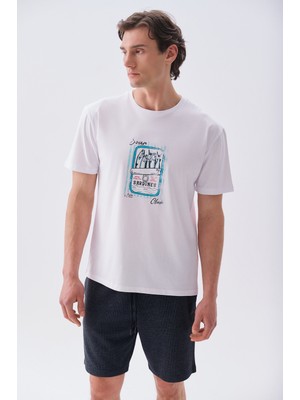 Mudo Erkek Beyaz Baskılı Comfort Fit Bisiklet Yaka T-Shirt