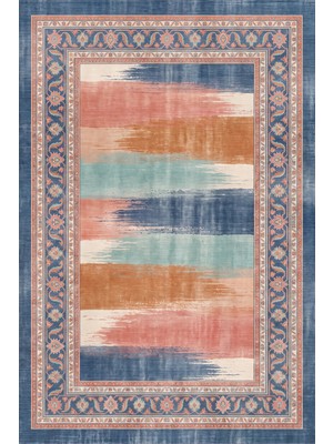 Rugzella Indigo Mavi Mercan Pembe Fırça Darbeli Bantlar Modern Desen Yıkanabilir Halı
