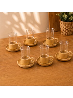 Popüler Sepet 12 Parça Çay Seti - Bambu Bardak Altığı - Çift Cidarlı Cam - 150 ml