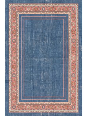 Rugzella Yıkanmış Indigo Mavi Mercan Pembe Modern Minimal Bordür Abraj Desen Yıkanabilir Halı