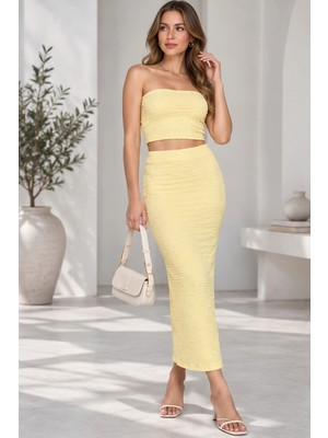 Mevese Kadın Bürümcük Kumaş Straplez Crop ve Midi Kalem Etek Ikili Set - Sarı