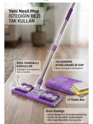 Primeaks Mandallı Mop Full Temizlik Seti 2 Adet Mikrofiber Bezli Pratik Yer Temizleme Mopu