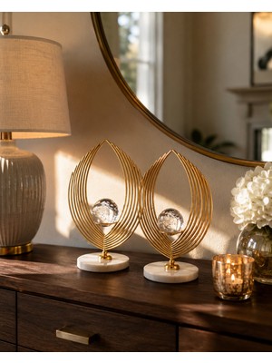 Sleep Nova Gold Yaprak Formlu Kristal Küreli Dekoratif Obje Seti, 2'li