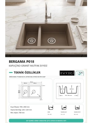 Güney Ankastre Realstone P018 Bergama 70 × 46 cm Kapuçino Granit Evye + Güçlendirilmiş Çift Giderli Sifon ve Montaj Seti