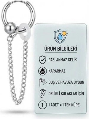 Blisse Piercing Unisex Gümüş Renk Çelik Halka Küpe Zincir ve Top Figürlü Küpe