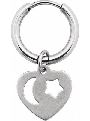 Blisse Piercing Unisex Gümüş Rengi Cerrahi Çelik Sallantılı Ay Yıldızlı Kalp Figürlü Halka Küpe 1 Adet
