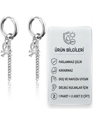 Blisse Piercing Unisex Gümüş Renk Çelik Halka Küpe Kuru Kafa Figürlü Sallantılı Küpe