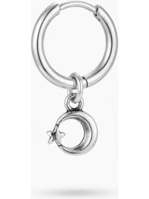 Blisse Piercing Unisex Gümüş Rengi Cerrahi Çelik Sallantılı Ay Yıldız Figürlü Halka Küpe 1 Adet
