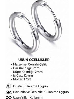 Blisse Piercing Unisex Gümüş Renk 12 mm Çelik Klasik Model Çelik Halka Küpe