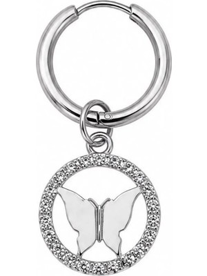 Blisse Piercing Unisex Gümüş Rengi Cerrahi Çelik Sallantılı Taşlı Halka Kelebek Figürlü Halka Küpe 1 Adet
