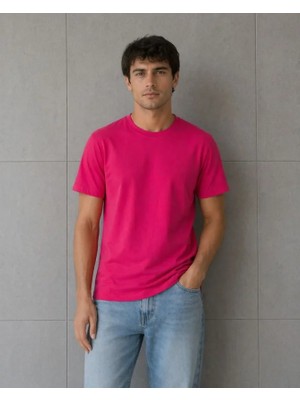 TeknoKapsül Erkek Basic Pamuklu Tişört Bisiklet Yaka Düz Renk Regular Fit T-Shirt - Fuşya - Fuşya / L