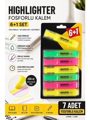 Güzelyüz Avm Fosforlu Kalem Seti 6+1 7 Adet Canlı Renk Eğik Uçlu Işaretleme Kalemi