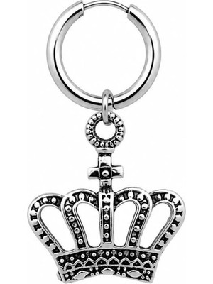Blisse Piercing Unisex Gümüş Rengi Cerrahi Çelik Sallantılı Kral Tacı Figürlü Halka Küpe 1 Adet