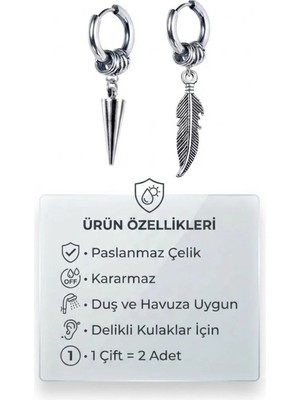 Blisse Piercing Unisex Gümüş Renk Çelik Halka Küpe Tüy ve Sarkaç Figürlü Küpe