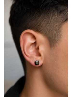 Blisse Piercing Unisex Siyah Renk Çelik Siyah Kare Taşlı Deliksiz Mıknatıslı Küpe 1 Adet