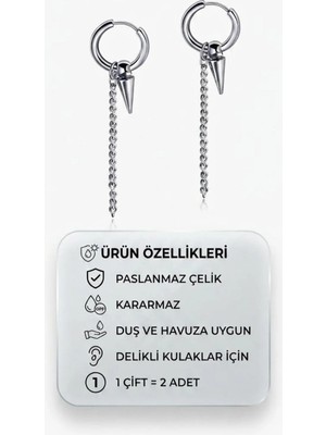 Blisse Piercing Unisex Gümüş Renk Çelik Halka Küpe Sarkaç ve Zincir Detaylı Küpe