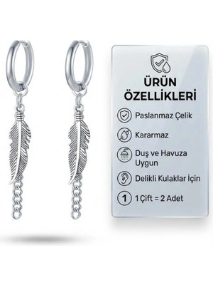 Blisse Piercing Unisex Gümüş Renk Çelik Halka Küpe Zincirli Tüy Sallantılı