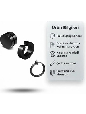 Blisse Piercing Siyah Paslanmaz Çelik Mıknatıslı Kıskaçlı Deliksiz Halka Küpe Seti 3 Adet