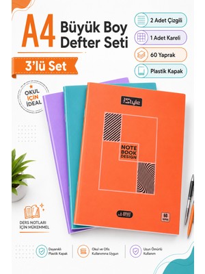 Güzelyüz Avm Defter Seti 3 Adet A4 Büyük Boy 60 Yaprak Defter 2 Adet Çizgili 1 Adet Kareli Defter Seti Plastik Kapak