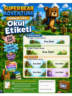 Ceres Studio Okul Etiketi Kalem Defter Isimli Etiket Isim Yazılabilen Super Bear Adventure Temalı - 258 Adet Özel Yeni Tasarım