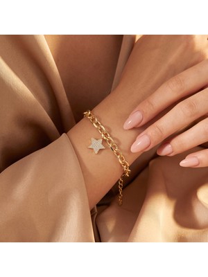 cm Jewelry Vıp Seri 316L Çelik Gold Renk Zirkon Taşlı Yıldız Charm Bileklik 17 cm Ayarlamalı