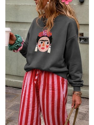 Monila Kadın Premium Kumaş 3 Iplik Şardonlu Frida Baskılı Sweatshirt
